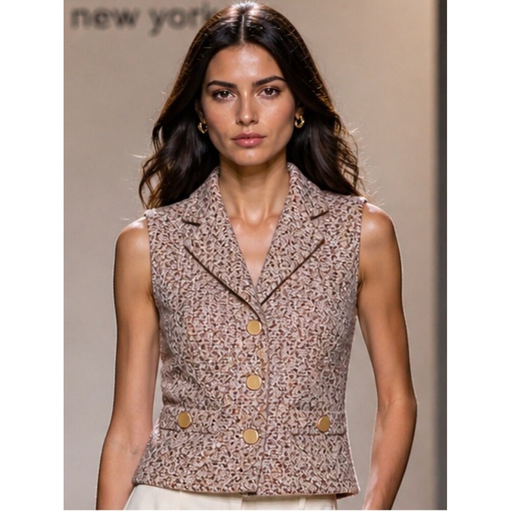 Udel New York Tweed Vest XS Sleeveless Blazer Gold Buttons Chic